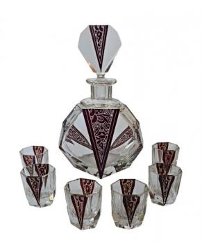 Likérový set Art Deco z čirého a rubínového skla Likérový set Art Deco z čirého a rubínového skla