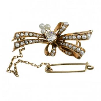 Zlatá brož s briliantem a perličkami Zlatá brož s briliantem a perličkami