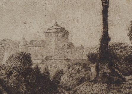 Pohled na hrad na cestě s lucernou a božími mukami Pohled na hrad na cestě s lucernou a božími mukami