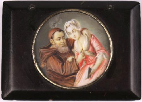 Dóza na tabák s miniaturou, papírmaše, 1850 Dóza na tabák s miniaturou, papírmaše, 1850