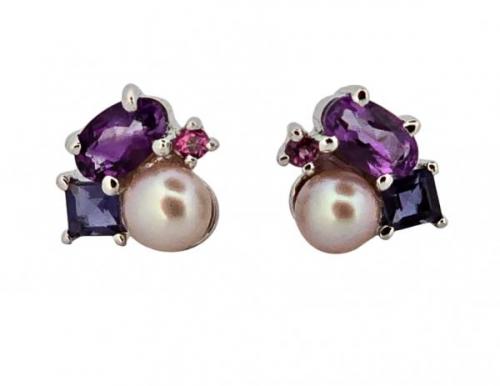 Stříbrné náušnice s tanzanitem, perlou, ametystem  Stříbrné náušnice s tanzanitem, perlou, ametystem