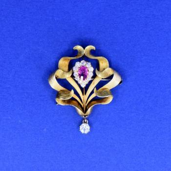 Zlatá secesní brož/závěs s rubínem Zlatá secesní brož/závěs s rubínem
