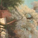Obraz chalupa za rozkvetlmi stromy. Sign 1941 144