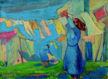 Žena věšící prádlo