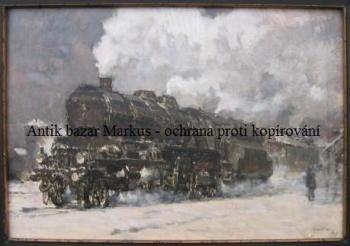 Kreibich Vilém: Lokomotiva v depu , dat. 1919