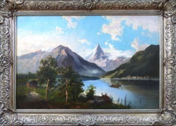 Pohled na Alpské jezero s městečkem